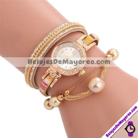 Reloj Pulsera Diamantes Con Perlas Y Cadenas Beige Extensible Piel Sint