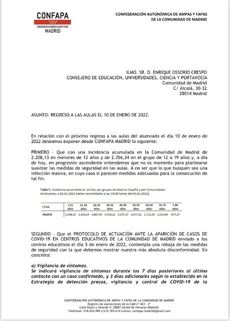 MareaVerde Regreso A Las Aulas El 10 De Enero De 2022 Carta De