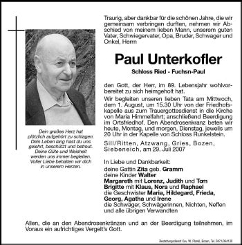 Traueranzeigen Von Paul Unterkofler Trauer Bz