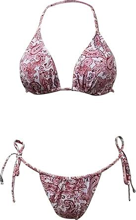 Amazon Makemechic Women S Floral Piece Swimsuit Triangle Halter String Thong Bikini Sets