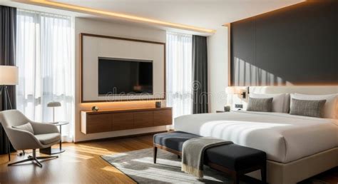 luxurious hotel suite bedroom  large bed flat screen tv  cozy