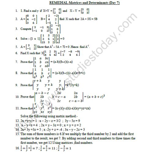Cbse Class 12 Mathematics Matrices And Determinants Worksheet Set B