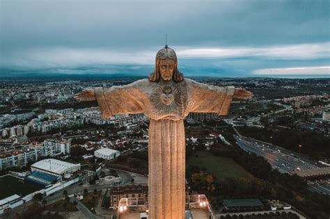 Cristo Rei Christ Statue In Lisbon In The Evening Time Aerial View