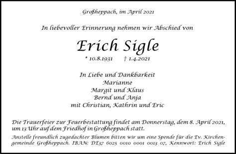 Traueranzeigen Von Erich Sigle Zvw Trauer