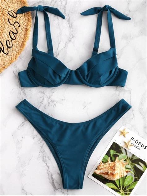 Zaful Underwire Tied Bikini Set Peacock Blue Halter Bikini Set Tie