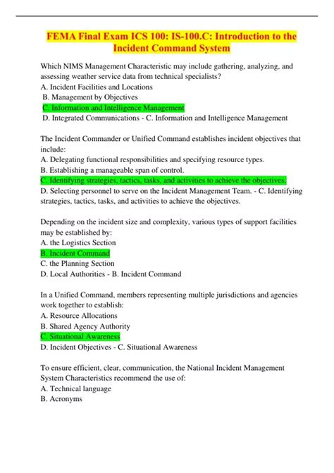 FEMA Final Exam ICS 100: IS-100.C: Introduction to the Incident Command