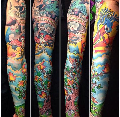 Summit tattoo sleeve. Puppy , dog , bird , tree tattoo. Colourful ...