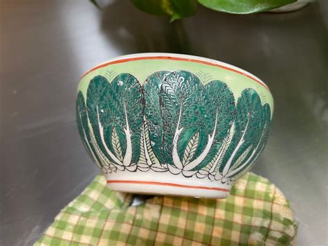 Emerald Green Pottery Bowl Cabbage Leaf Pattern Chinese Etsy