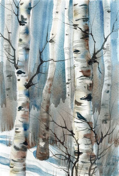 New Daily painting Crow in Winter Aspen Trees lovely 9 X 6