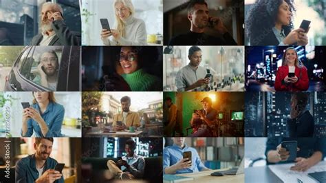 split screen collage  diverse group  people  smartphones