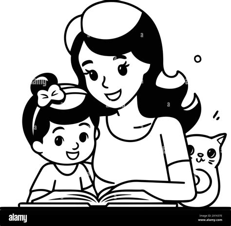 Mother Reading Book With Her Son Vector Illustration In Cartoon Style