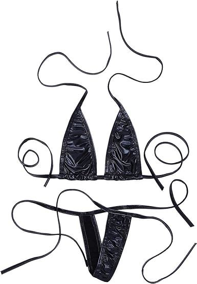 Jowowha Women Halterneck Micro Thong Bikini 2 Piece Swimsuit Mini Tie Side Shiny Metallic