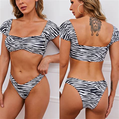 CPUTAN Short Sleeve Swimsuit Women 2 Pieces Sexy Zebra Print Bikini