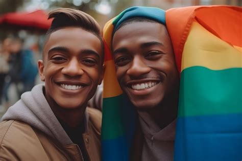 Casal gay multiétnico segurando bandeiras de arco íris em evento de