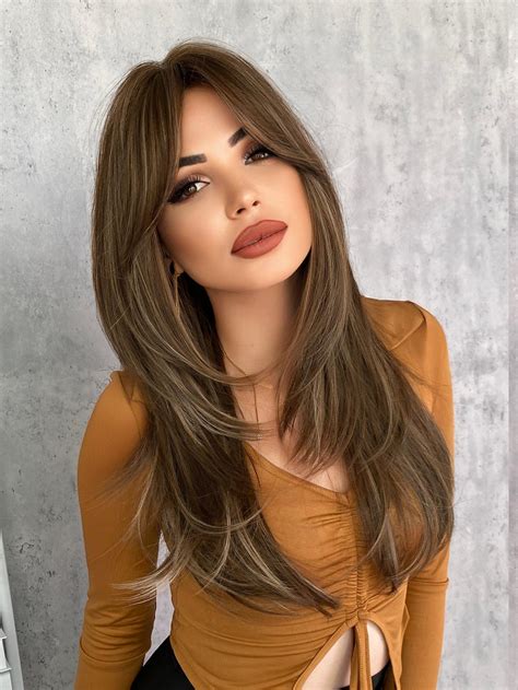 7JHH WIGS Long Straight Honey Blonde Wig With Bangs Eight Figure Heat Resistant Fiber Brown