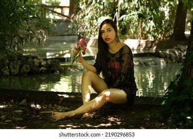 Venezuelan Brunette Girl Bikini Park Leaning Stock Photo Shutterstock