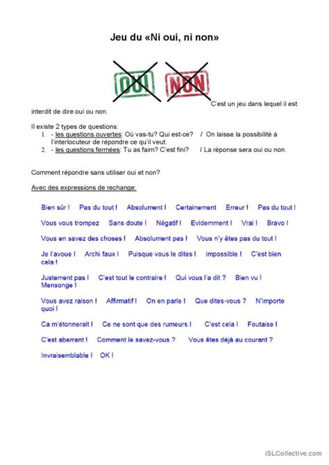 R Gles Du Jeu Ni Oui Ni Non Deutsch Daf Arbeitsbl Tter Pdf Doc