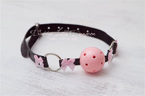 Ddlg Pretty Black Furry Bdsm Bondage Collar And Leash Ball Gag Set Roses Bows Sub Master Girly Sub