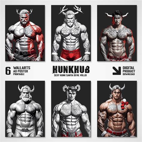 Hunkhub Sexy Hunk Santa Devil Wall Art Vol 1 Comic Manga Style Digital Art Decor Men Gay