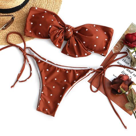 Zaful Sexy Bikini Set Self Tie Dotted Bandeau Bikini Set Strapless Low Waisted Swimsuit Top