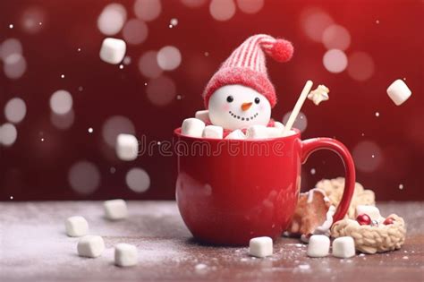 Marshmallow Snowman Sitting In A Mug Of Hot Chocolate Stock Illustration Illustration Of Pill
