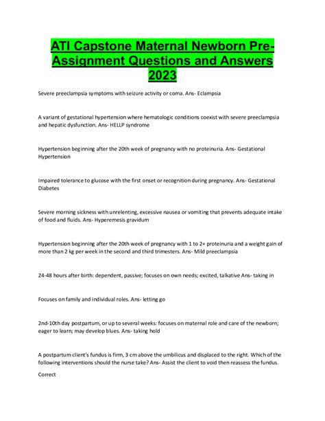 ATI Capstone Maternal Newborn Pre Assignment Questions And Anwers With