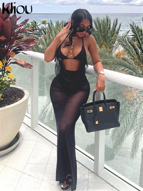 Kliou Mesh Sexy Hot Piece Set Women Summer New See Through Halter Swinging Neck Tops