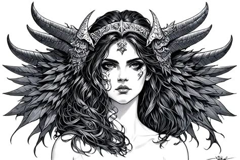 Black And Grey Demon Girl Nude Valkyrie Tattoo BlackInk AI