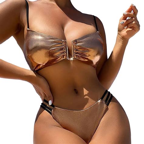 New Sexy U Wire Pu Faux Leather Bikini Set Women Shiny Gold Cut Out Push