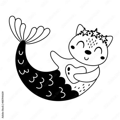 Bkack And White Mermaid Clipart Cute Mermaid Animal Clipart In Cartoon