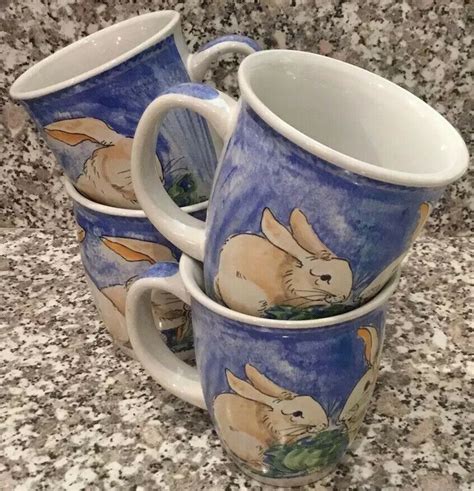 4 Vintage 2003 Bunny Rabbit Coffee Mugs Stone Bunny Telle M Stein Usa