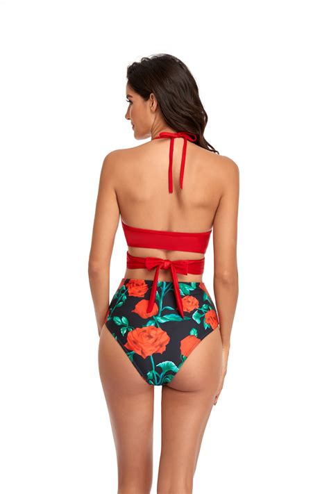 Costum De Baie Dama NEVERMORE Bikini Floral 2 Piese Poliester Rosu Negru Marime M EMAG Ro