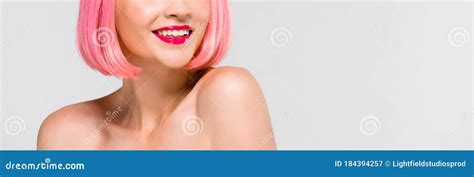 View Of Smiling Naked Girl In Pink Wig Isolated On Grey Stock Image Image Of Smiling Fashion