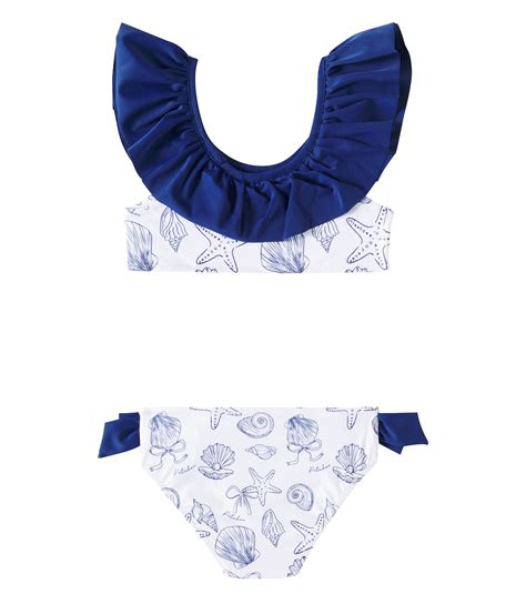 Bow Detail Printed Ruffled Bikini In Blue Patachou Mytheresa