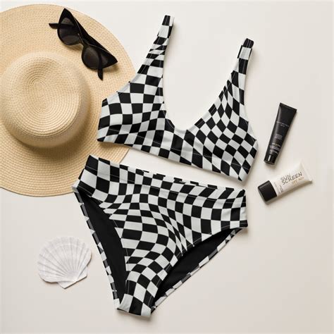 Groovy Checkered Bikini Set Retro S Wavy Checked High Waisted Bikini Set High Leg Swim Suit