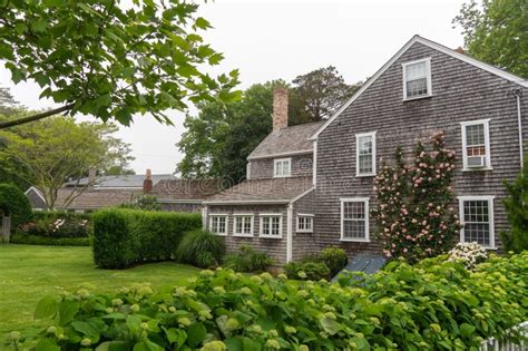 Nantucket Home With Lovely Landscaping Stock Photo Image Of Blooming