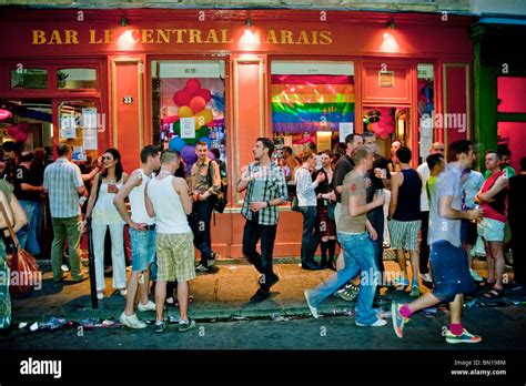 Paris France Large Crowd People Men Celebrating After Lgtb Gay Pride In The Marais District