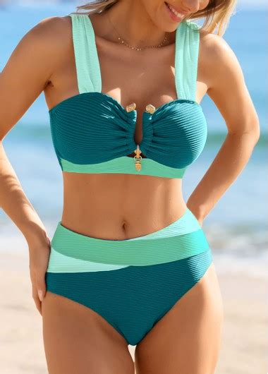 Patchwork Mid Waisted Cyan Bikini Set Modlily USD