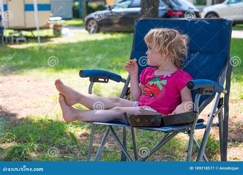 Cute Blonde Girl Sitting At The Table In Camping Resort Stock Image Image Of Picnic Blonde