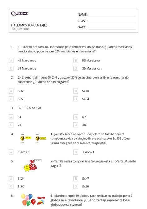 50 Problemas De Porcentaje Hojas De Trabajo Para Grado 5 En Quizizz