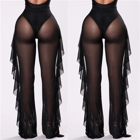 Women Beach Pants New Arrival Mesh Sheer Bikini Cover Up Transparent Ruffle High Waist Pants
