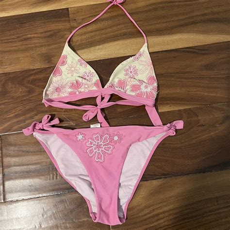 Cutest Beaded Pink Floral Bikini Set Slight Rip On Depop