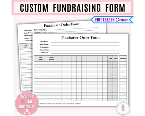 Editable Fundraising Form Printable, Sponsorship Form, Custom