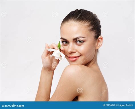 Smiling Pretty Woman Naked Shoulders White Flower In Hands Cropped View Stock Image Image Of