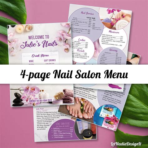 4 Page Nail Salon Menu Nail Salon Price List Pedicure Manicure Waxing