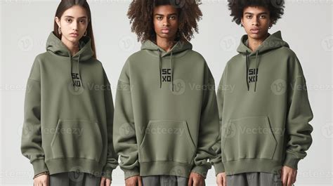 Three diverse young adults wearing oversized green hoodies, showcasing