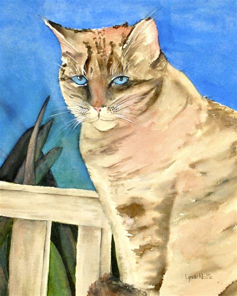 A Painting Of A Cat Sitting On Top Of A Wooden Chair Next To A Potted Plant