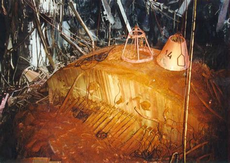 “Elena,” the 2000 ton concrete lid of Chernobyl Reactor 4, lying on its ...