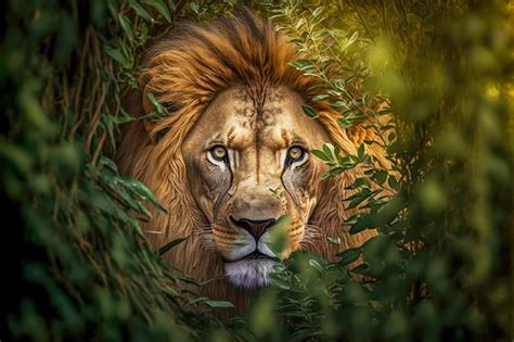 Premium Photo | Large predator lion lurking in bushes and preparing to ...