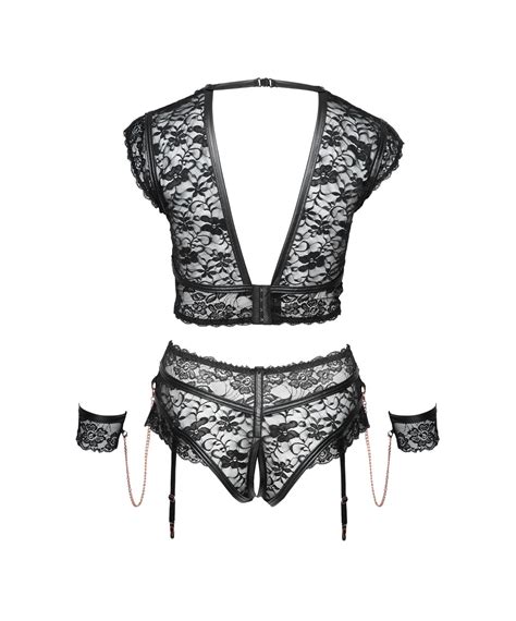 Cottelli Lingerie Black Lace Crotchless Suspender Set With Wrist Cuffs SEXYSTYLE Eu